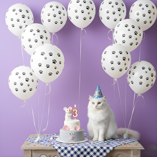 Cat with a birthday cake and balloons with paw prints on a purple background