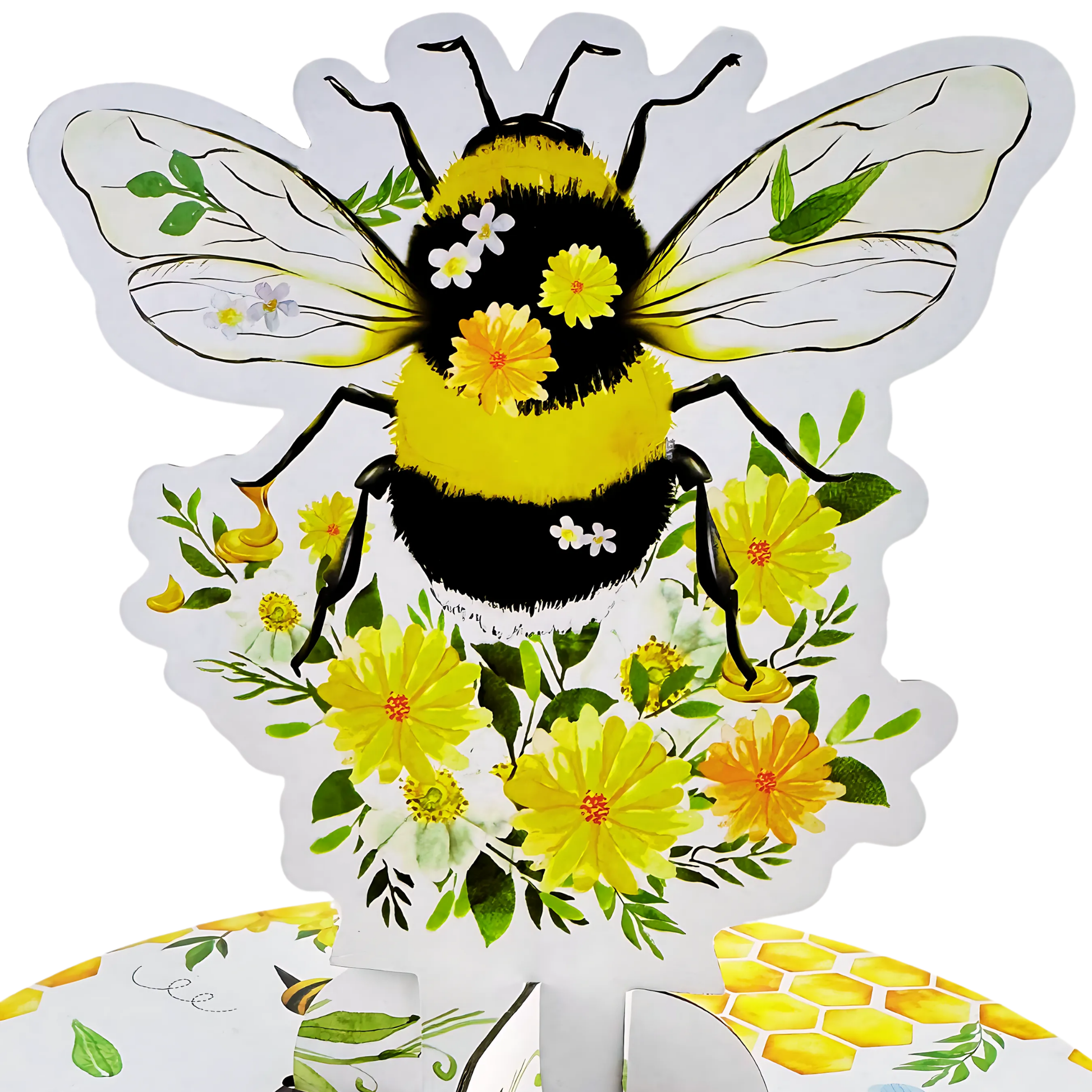 A close-up view of the detailed queen bee and yellow flower bouquet topper for the cupcake stand.