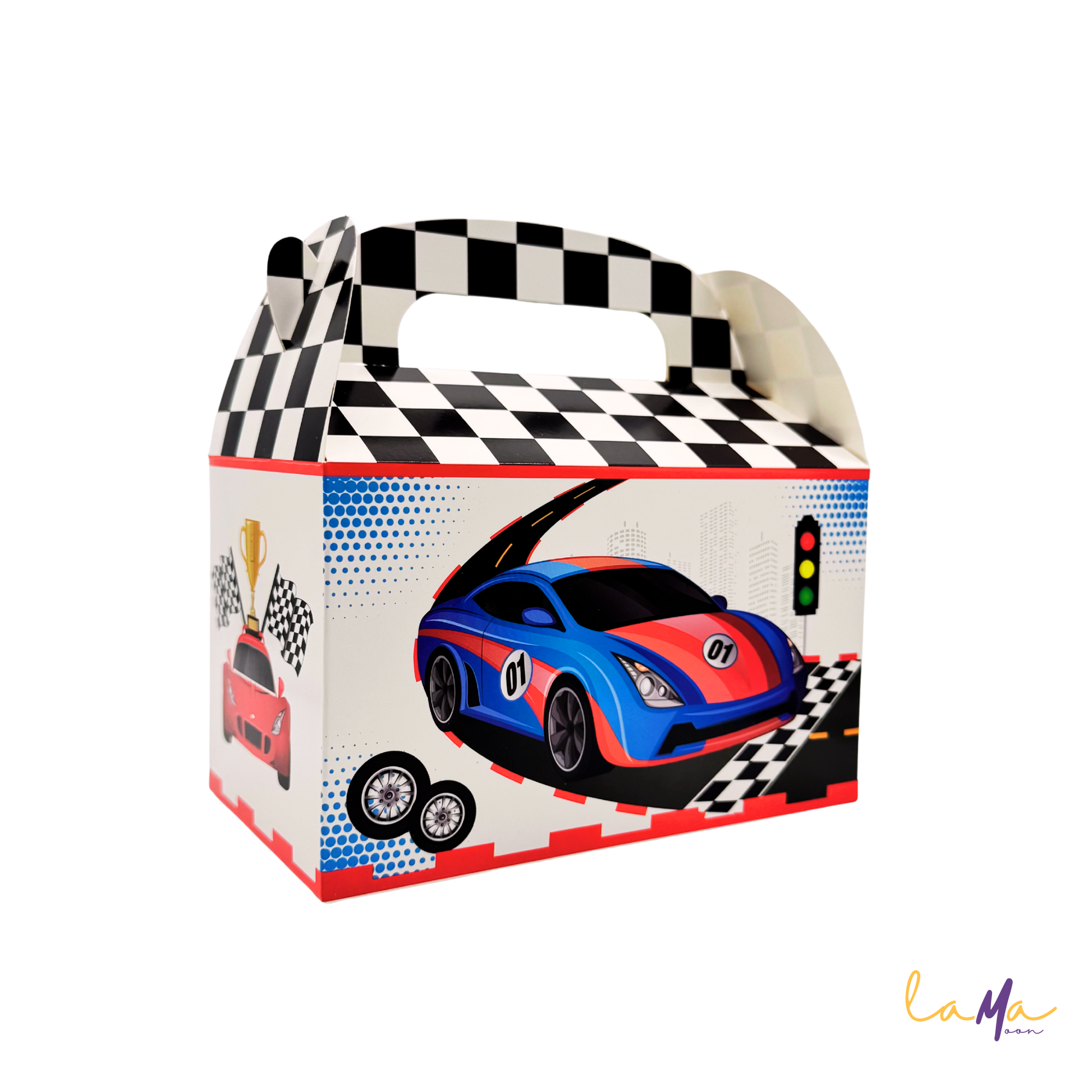 Right side profile view of the blue race car party favor gable box on a white background.
