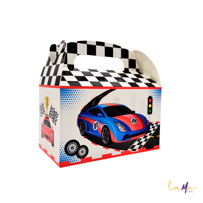 Right side profile view of the blue race car party favor gable box on a white background.