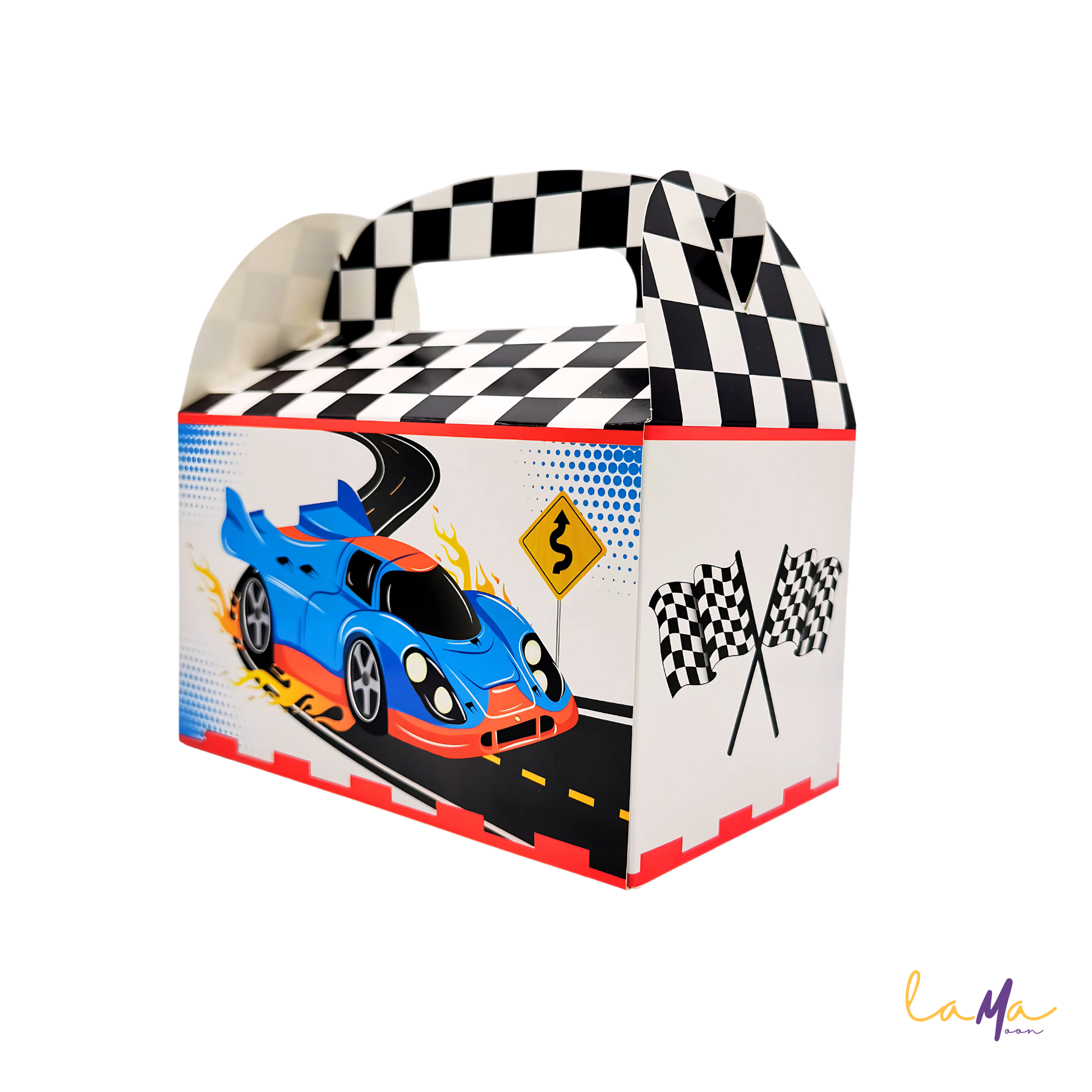 Blue race car design party favor gable box, shown at a three-quarter angle on a white background.