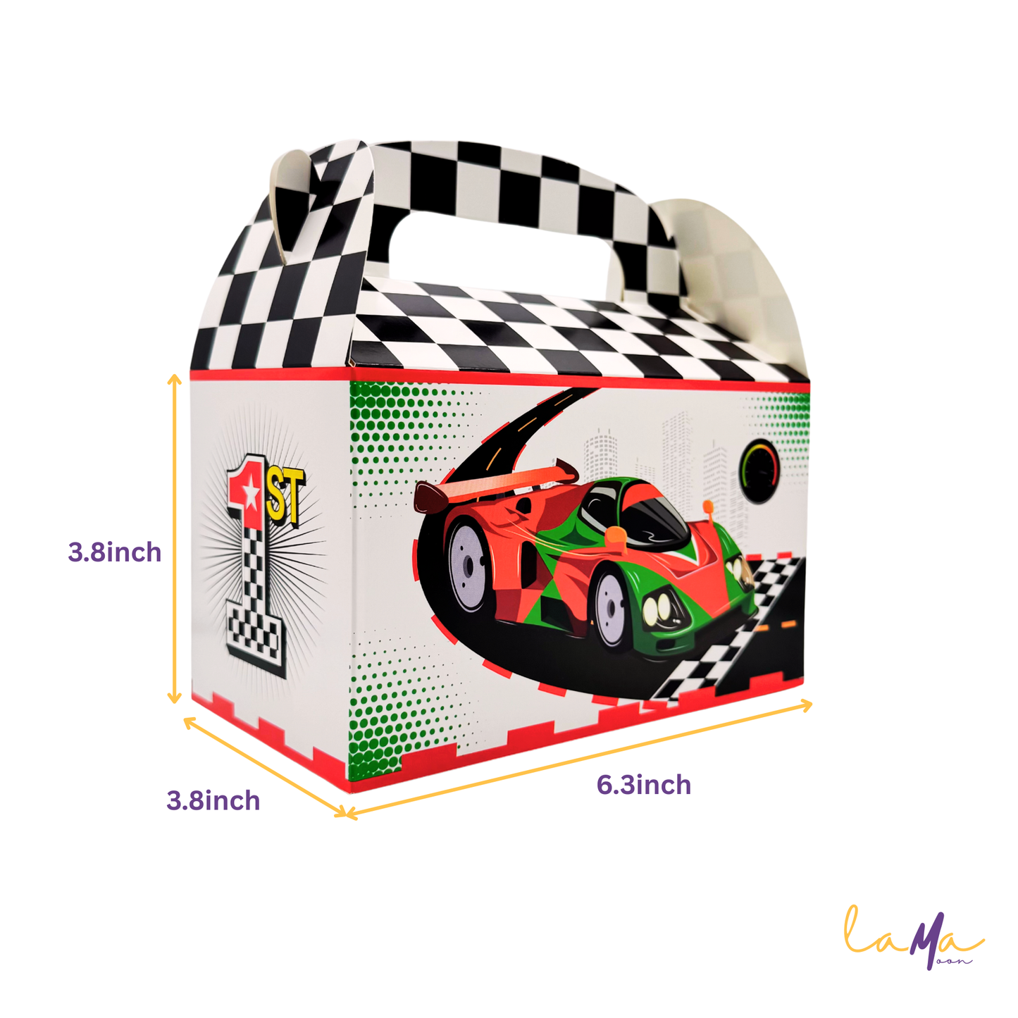 Green race car design party favor gable box, shown at a three-quarter angle with dimension labels on a white background.