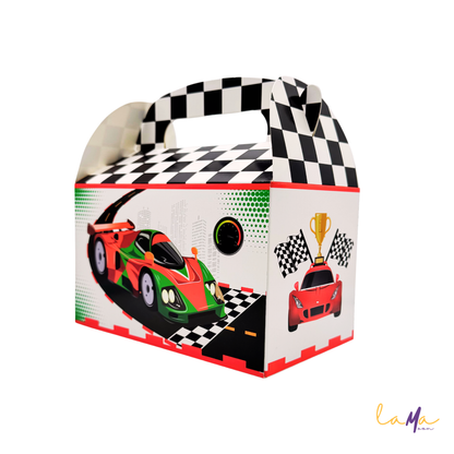 Left side profile view of the green race car party favor gable box on a white background.