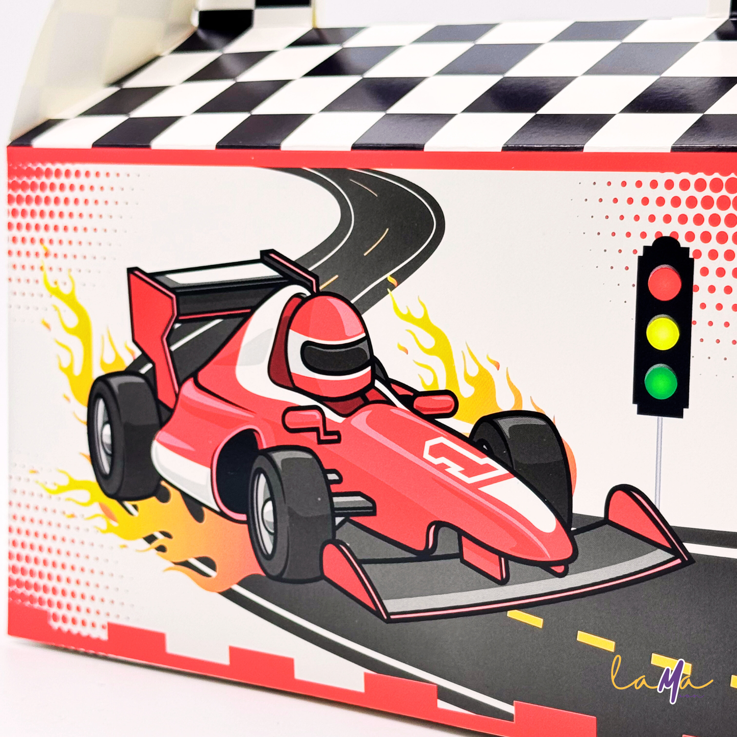 A close-up detail shot of the red Formula One style car illustration on the front of a party favor box, including a traffic light.