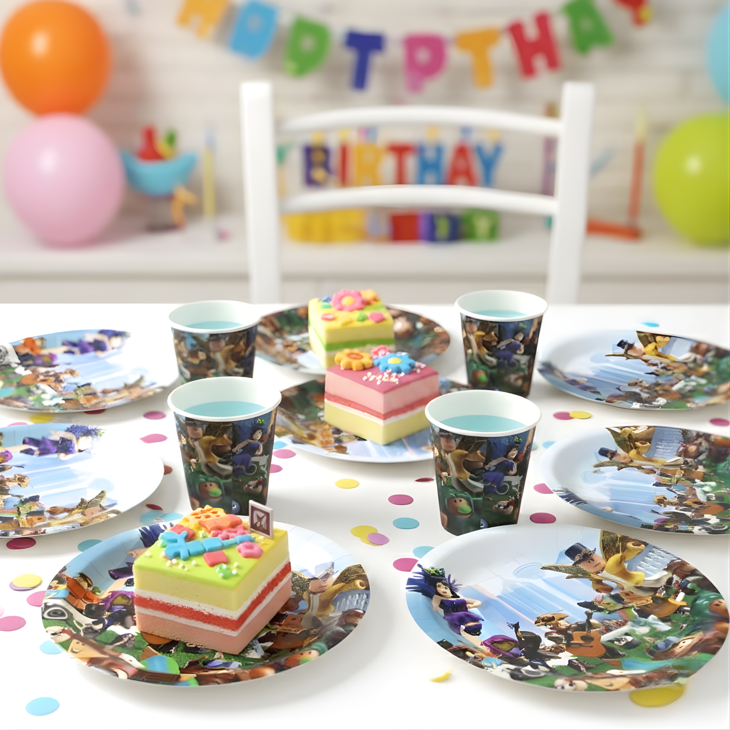 Complete Roblox party supplies tableware kit with plates, cups, and napkins for a birthday theme.