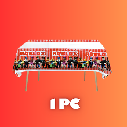 One rectangular Roblox themed party tablecloth for a birthday celebration.