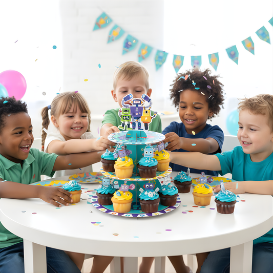 Robot Party 3-Tier Cupcake Stand – Futuristic Sci-Fi Birthday Dessert Tower & Centerpiece