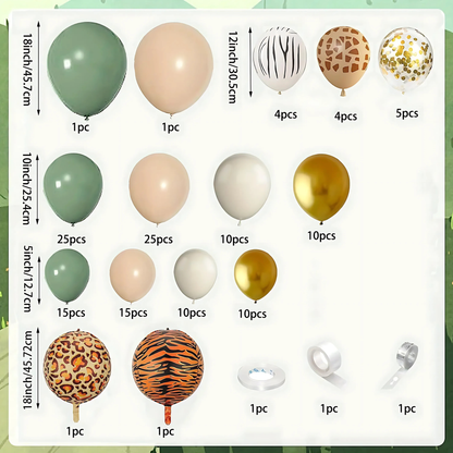 Detailed contents and size guide for the safari jungle balloon garland kit, showing balloon quantities like 25pcs 10-inch green and beige, 4-5pcs 12-inch animal prints (zebra, giraffe, leopard), gold confetti balloons, and foil animal shapes with easy measurements for DIY assembly.