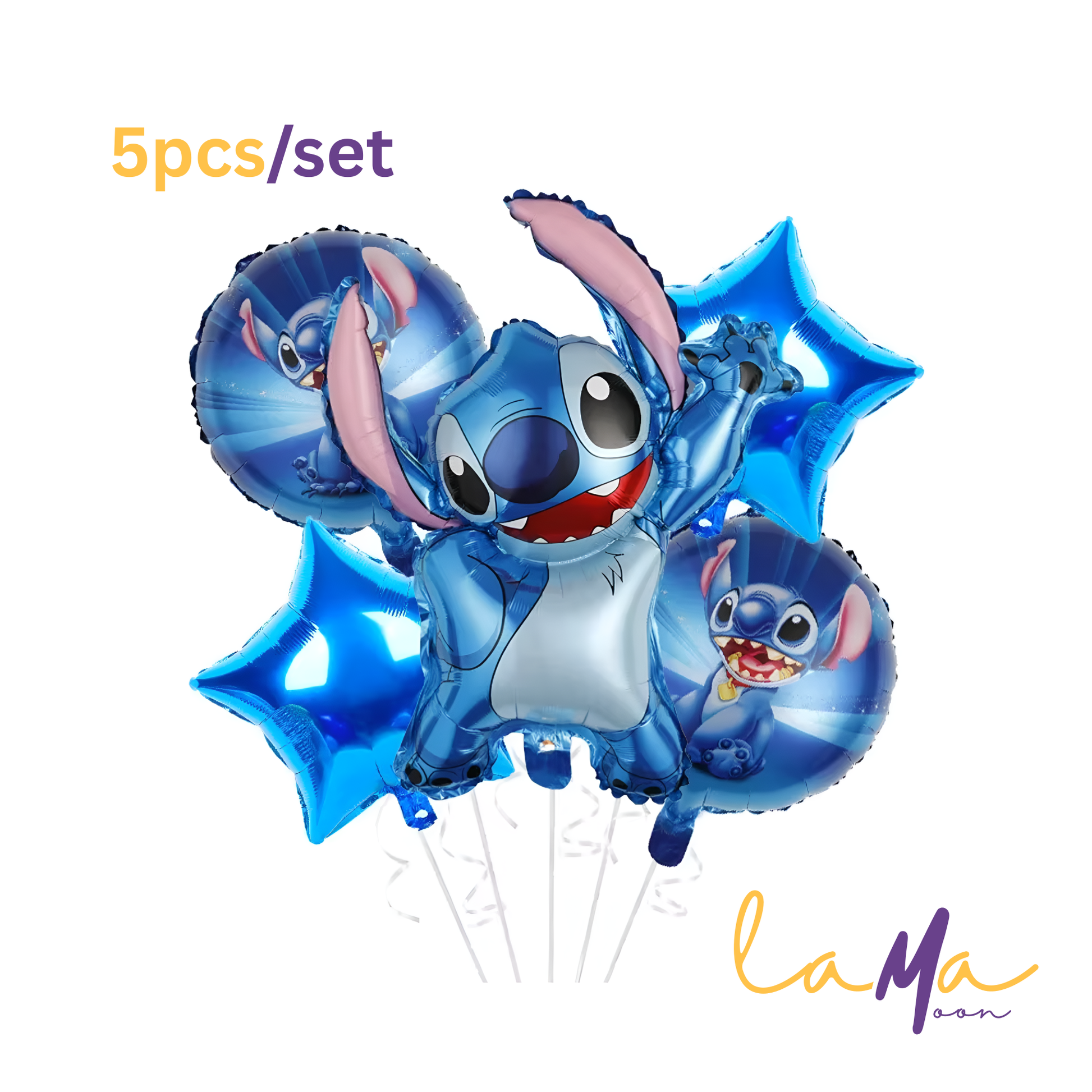 Set of five blue cartoon character balloons with 'La Ma' branding on a white background.