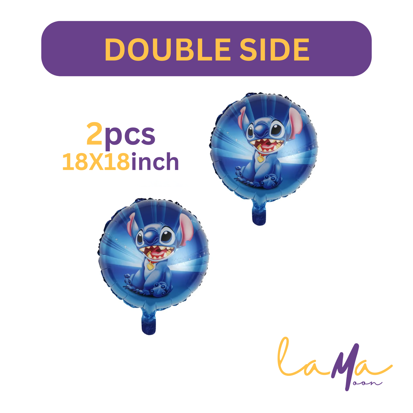 Two blue cartoon character balloons with 'Double Side' text and 'La Ma' branding on a white background.