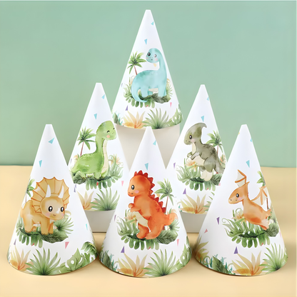 A set of six white cone-shaped party hats featuring various watercolor dinosaur illustrations including T-Rex, Triceratops, and Pterodactyl surrounded by tropical leaves.